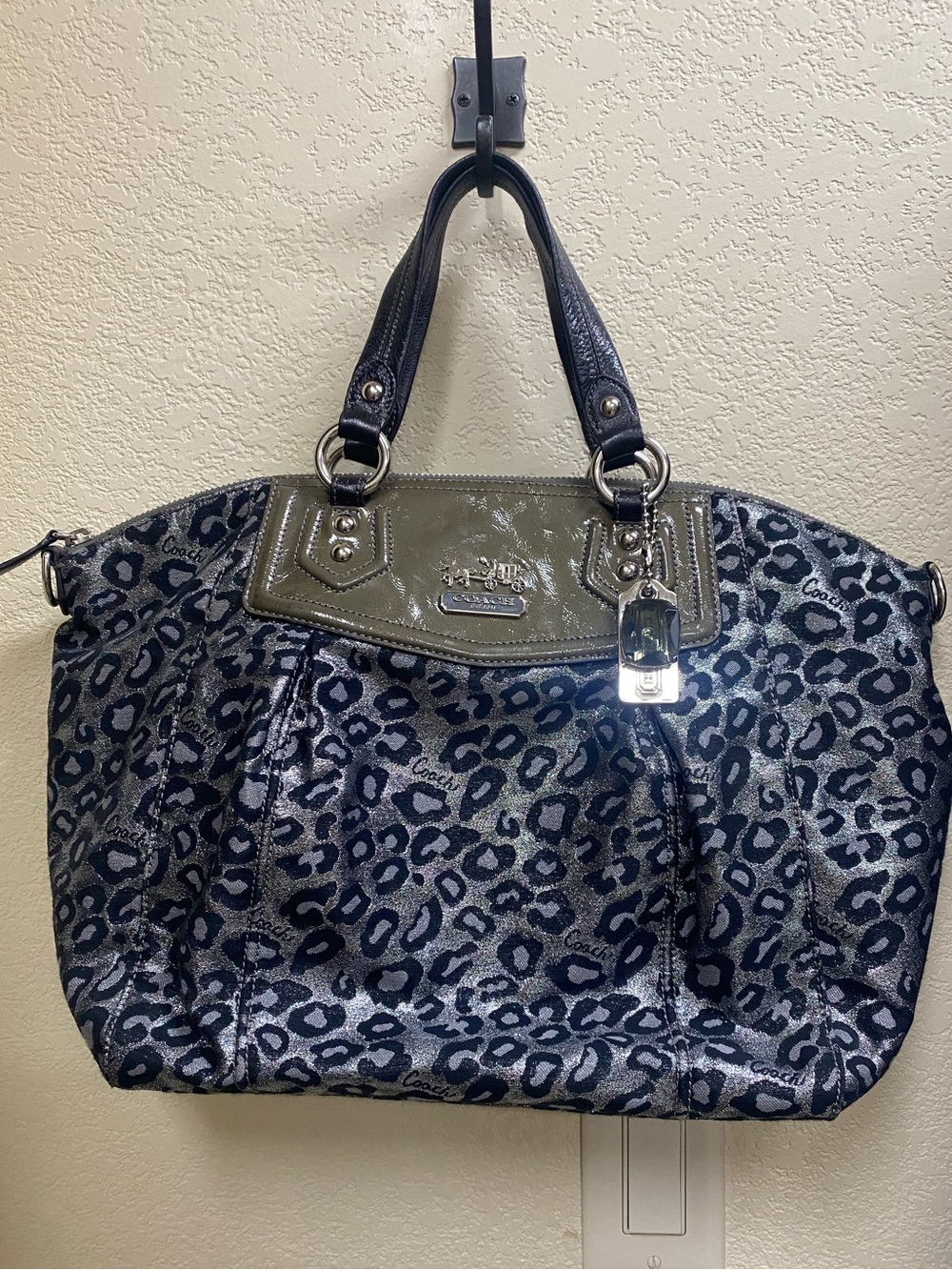 Coach Madison Metallic Ocelot Leopard print satchel with gray patent leather